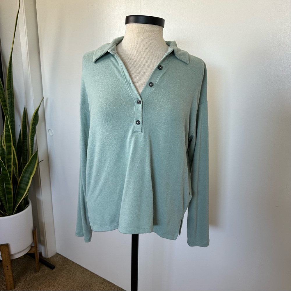 Madewell Sage Green Dreamiest Knit Long-Sleeve Henley Polo